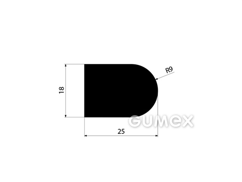 Pryžový profil tvaru "D", 18x25/R9mm, 60°ShA, NBR, -40°C/+70°C, černý